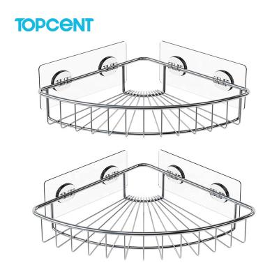 China TOPCENT Modern Adhesive No Drilling Stainless Steel Bathroom Shelf Corner Basket Shower Wall Mounted Caddy for sale