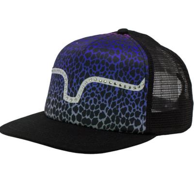 China Front 5 JOINT Panel Foam Polyester Leopard Crown Mesh Back Snap High Back Trucker Hat for sale