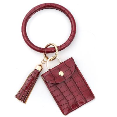 China Luxury Environmental Friendly Leather Key Chain Ring Holder Stone Grain Pattern PU Card Holder Bag Pendant for sale