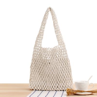 China 2021 New Style Straw Woven Bag Cotton Rope Woven Beach Vacation Handmade Bag Cotton Rope Net Crochet Bag With PU for sale