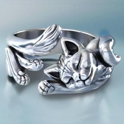 China CLASSIC Vintage Adjustable Opening Cat Totem Ring Band Sleeping Cat Ring Cute Jewelry for sale