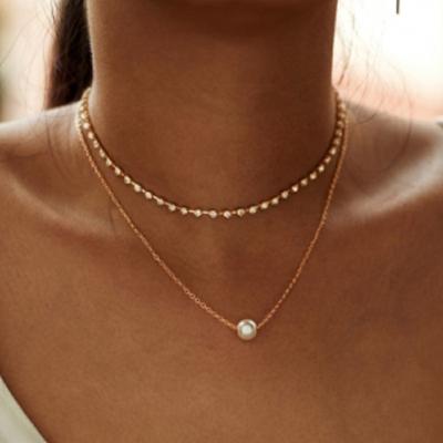 China Fashion Ladies Style Double Layer Graceful Imitation Rhinestone Pearl Simple Necklace LXQ-0197 for sale