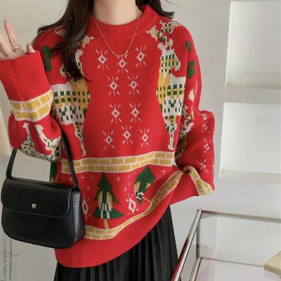 China Anti-wrinkle factory low price O-neck christmas sweater elk moose pattern knit women's sweaters for lovely girls for sale