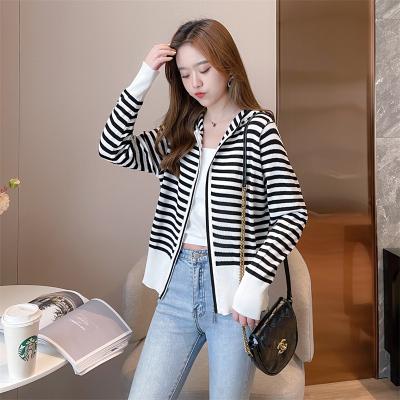 China Anti-wrinkle ice silk striped lady's hoodie cardigan sweaters women's korean tops for spring for sale