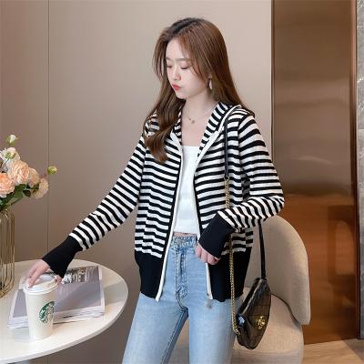 China ice silk striped lady's korean quality hoodie cardigan sweaters women's tops for spring for sale