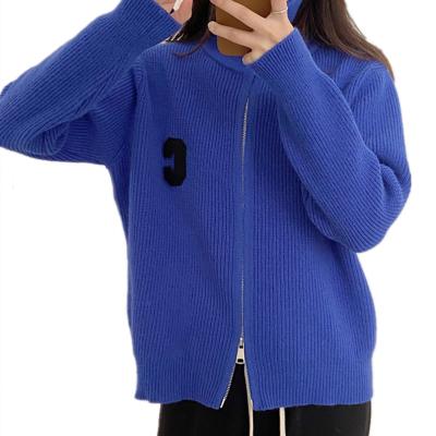 China Breathable Fashionable Oversized Collar Top Knit Sweater Lady Zipper Cardigan Sweater For Women for sale