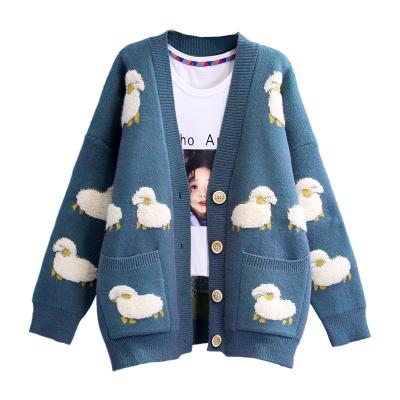 China Anti-wrinkle Long Sleeve Knit Loose Button Women's V-Neck Sheep Cartoon Cardigan Sweater Coat for sale