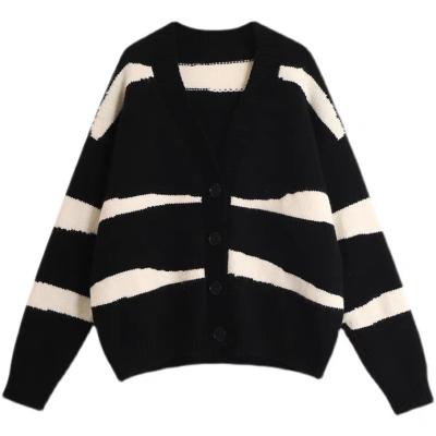 China Anti-wrinkle striped knit sweater cardigan spring new wear matching coat loose lazy top women knit sweater 2022 for sale