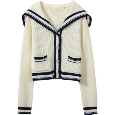 China Anti-wrinkle vintage navy neck cropped sweater white cardigan knit women's sweater for spring 2022 for sale