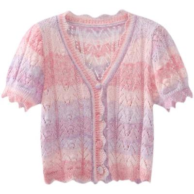 China Anti-wrinkle color soft thin mohair knit sweater short sleeve v-neck lace cardigan for women for sale