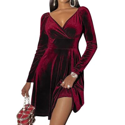 China Anti-Static Soft V-neck Mid Waist Soft V-Neck Women's Winter Women's Clothing Long Sleeve Bodycon Velvet Dress for sale