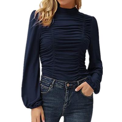 China Anti-wrinkle 2022 women summer autumn and winter hot sale new tops solid color long sleeve high neck pleated slim women's T-shirt for sale