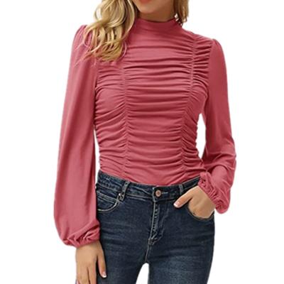 China Wholesale Anti-Wrinkle Good Quality Women Shirt Plain Design Hoodie Lantern Sleeve Tight Collar Pleated Thin T-shirt Long Long Top for sale