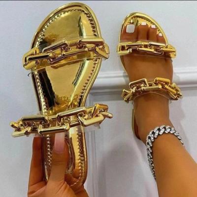 China Fashion trend summer popular slippers for women new style ladies sandals and leopard slide chain slippers metal ladies sandals slippers for sale