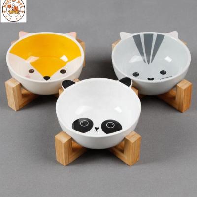 China Automatic Manufacturer Direct Sale Cute Cat Pet Dog Food Bowl Ceramic White With Wooden Frame Pet Feeder for sale