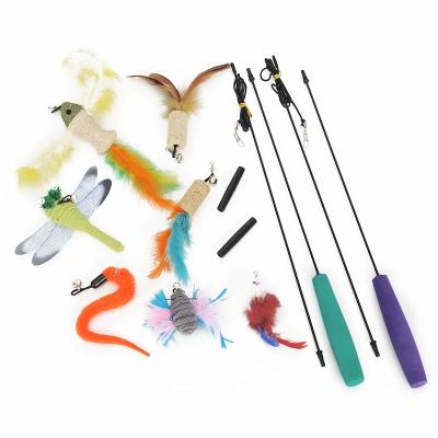 China Viable Interactive Cat Toys Wand Retractable Cat Feather Teaser Toy Set Cat Magic Wand Stick Toy for sale