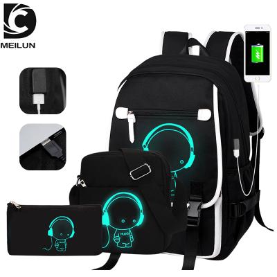 China With USB School Bags Luminous Backpacks With Usb 3 Pcs Set Custom Logo Travel Backpack for sale