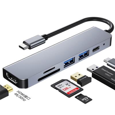 China Aluminum Shell 6 In 1 Type C USB C Hub 3.0 Adapter 4K Video USB3.0 SD/TF Card Reader For PC Laptops for sale