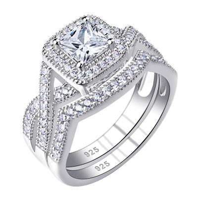 China Newshe's Romantic Solid 925 Sterling Silver Wedding Rings For Women Princess Cut Cubic Zircons Engagement Bridal Sets Classic Jewelry for sale