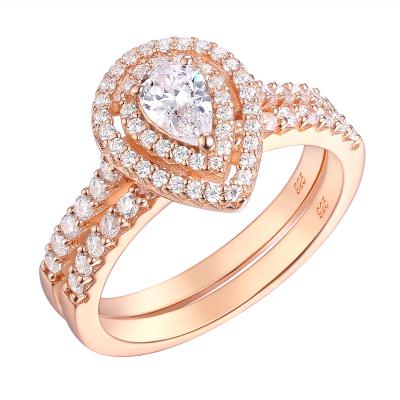 China Newshe's Romantic Solid 925 Sterling Silver Rose Gold Color Wedding Ring Set For Women Engagement Halo Pear Shape Zircons BR0912 for sale