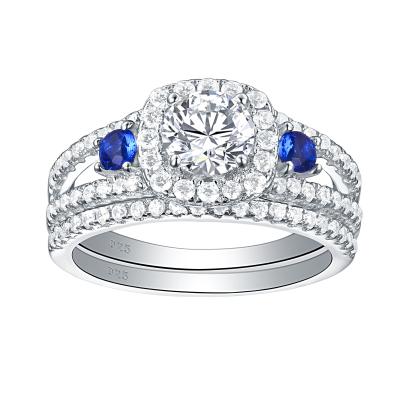 China Newshe's Romantic Women's Shiny Blue Side Engagement Ring Bridal Set Round Cut Zircon 925 Sterling Silver Wedding Rings For for sale