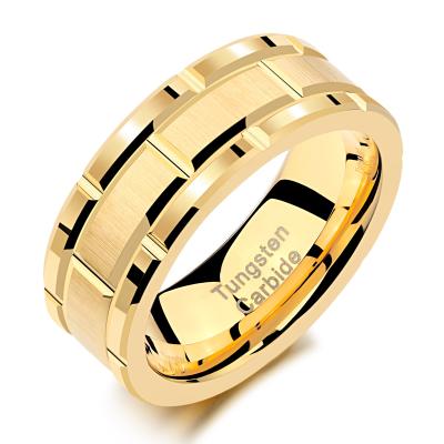 China Newshe FASHIONABLE Men's Tungsten Carbide Ring 8mm Yellow Gold Color Brick Pattern Brushed Bands For Him Wedding Jewelry Size 9-13 for sale