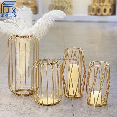 China JX023 Coastal Gold Iron Metal Vase for Home Decor Metal Flower Vase with Cylinder Glass for Living Room for sale