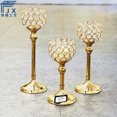 China JX014 Home Decoration Round Set 3 Long Stem Crystal Candle Holders Lanterns And Candle Jars With Metal Base Gold for sale