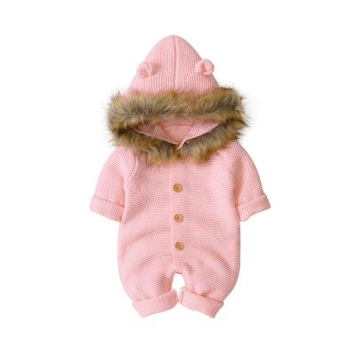 China 100% Acrylic Newborn Baby Boy Lounge White Knitted Rompers Hood With Ears for sale