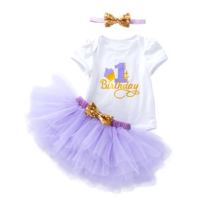 China Antibacterial 1year baby birthday dresses 3pcs set headband romper and tutu skirt for sale