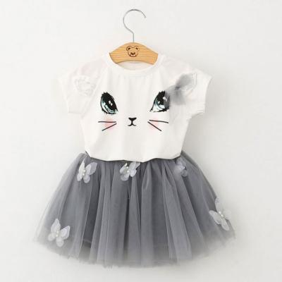 China 100-140cm Girls Casual Dress Sets Summer Fashion Kids Cartoon Kitten Printed T-Shirts+Net Veil Skirts Set Cute Casual EAZ172 for sale