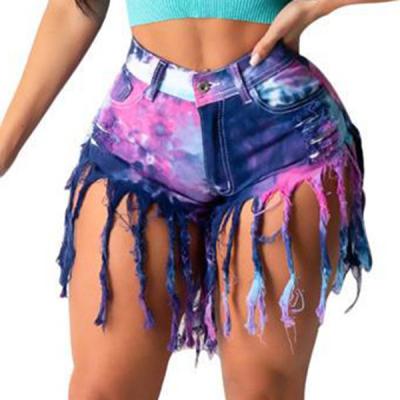 China S3797 Latest Cheap Matching Wholesale Anti-Wrinkle Tie Dye Booty Shorts Women Fashion Women Abbreviations With Tassel Short Jeans for sale