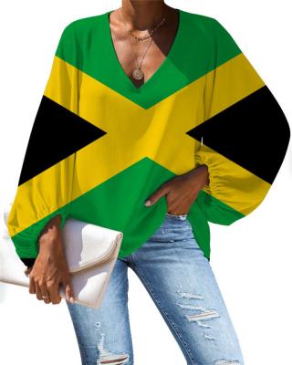 China Anti-pilling luxury brand women clothes Jamaican flag African than UNIA flag pattern summer chiffon blouses tops light v-neck casual shirts for sale