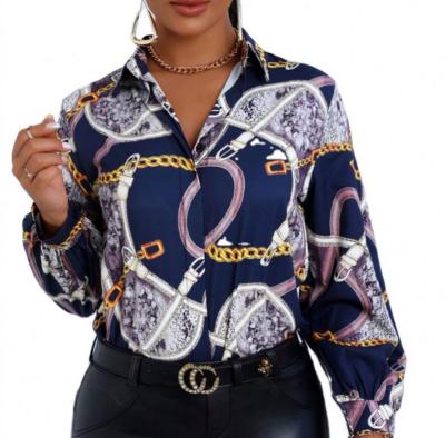 China Polyester Fabric Anti-Shrink Woman Tops Blouses Shirts Spring Long Sleeve Fashionable Printing Chain Buttons Turn-Down Loose Collar Women for sale