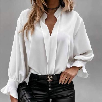 China Other Solid Ruffled V-Neck Long Sleeve Blouse Stretching Women Tops Blouses For Casual Girls - Pint for sale