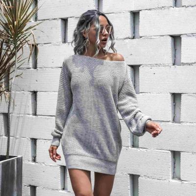 China 2021 Fashionable Washable Boat Neck Lantern Sleeve Women Sweater Dress Solid Loose Knitted Casual Dresses For Ladies - Pint for sale