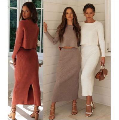 China Ladies Premium Anti-Static 100% Cotton 2 Piece Pants Set Women's Rib Knitted Crew Neck Skirt Long Sweater Dress Set For Women for sale