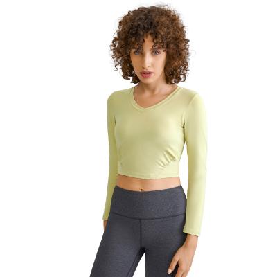 China NEW Antibacterial Women Long Sleeve V Neck Fitness Workout Sportswear Short Yoga Blouse Crop Tops Shirts for sale