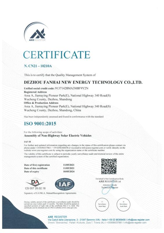 ISO9001 - Dezhou Fanhai New Energy Technology Co., Ltd.