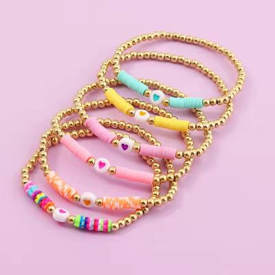 China Other Colorful Clay Bead Bracelet For Women Girls Layered Gold Bead Strand Heishi Surfer Bracelet Handmade for sale