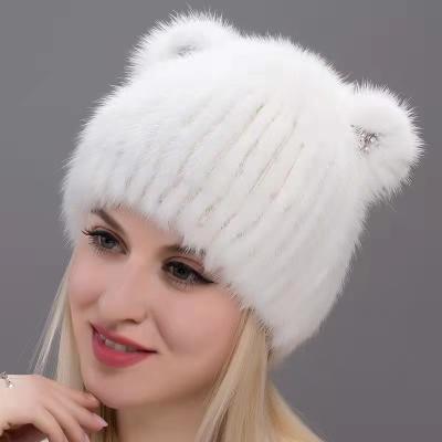 China breathable & Mink Fur Knitted Hat New waterproof real mink knit fashion cute fur ladies ear hat cat ear warm headgear for sale