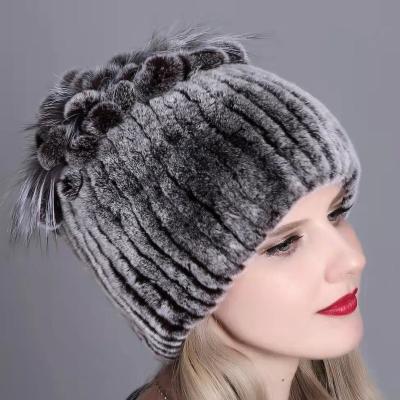 China breathable & Real Rex Rabbit Fur Hat Fashion Fuzzy Pom Pom Winter Warm Fur Knitted Attractive Design Waterproof for sale