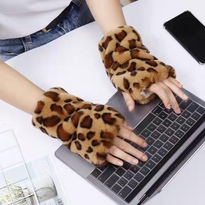 China Daily life Panda Rabbit plush cartoon student warm double-layer thickened female half finger gloves autumn and winter for sale