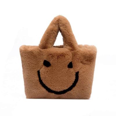 China Fashion high quality faux fur smiling face handbag hot selling fur backpack lady velvet purse for sale