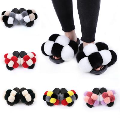 China Cushioning Cute Fashion Faux Fur Plush Ball Slippers Cute Faux Fur Sandals And Indoor And Outdoor Slippers for sale