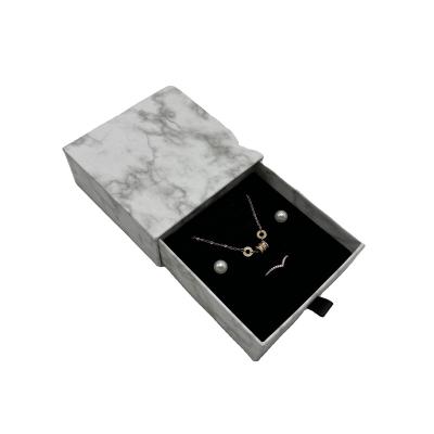 China Handmade Elegant 8*8cm Marble Cardboard Paper Bracelet Rings Small Packaging Drawer Sliding Jewelry Box With Black Foam for sale