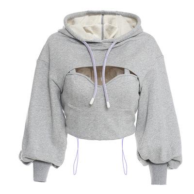 China Custom Casual Drawstring Anti-Wrinkle Solid Color Hooded Hollow Short Sweater for sale