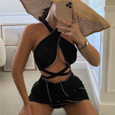 China Breathable 2022 Swimsuits Ribbed Long Ties With Beach Skirt Cover Up 3 Piece Sexy Bikini Women for sale