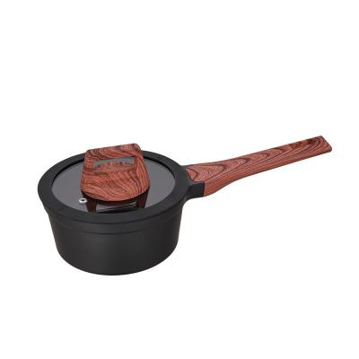 China PFOA Free 16cm Sustainable Wooden Handle Non Stick Induction Aluminum Sauce Pan With Lid for sale