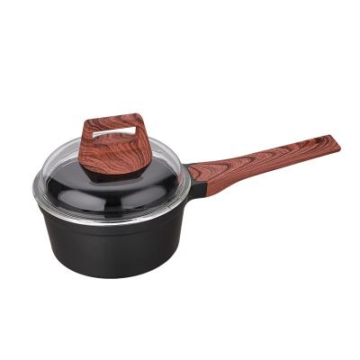 China Factory direct sale 16cm transfer handle viable black wooden induction aluminum stick sauce pan for sale